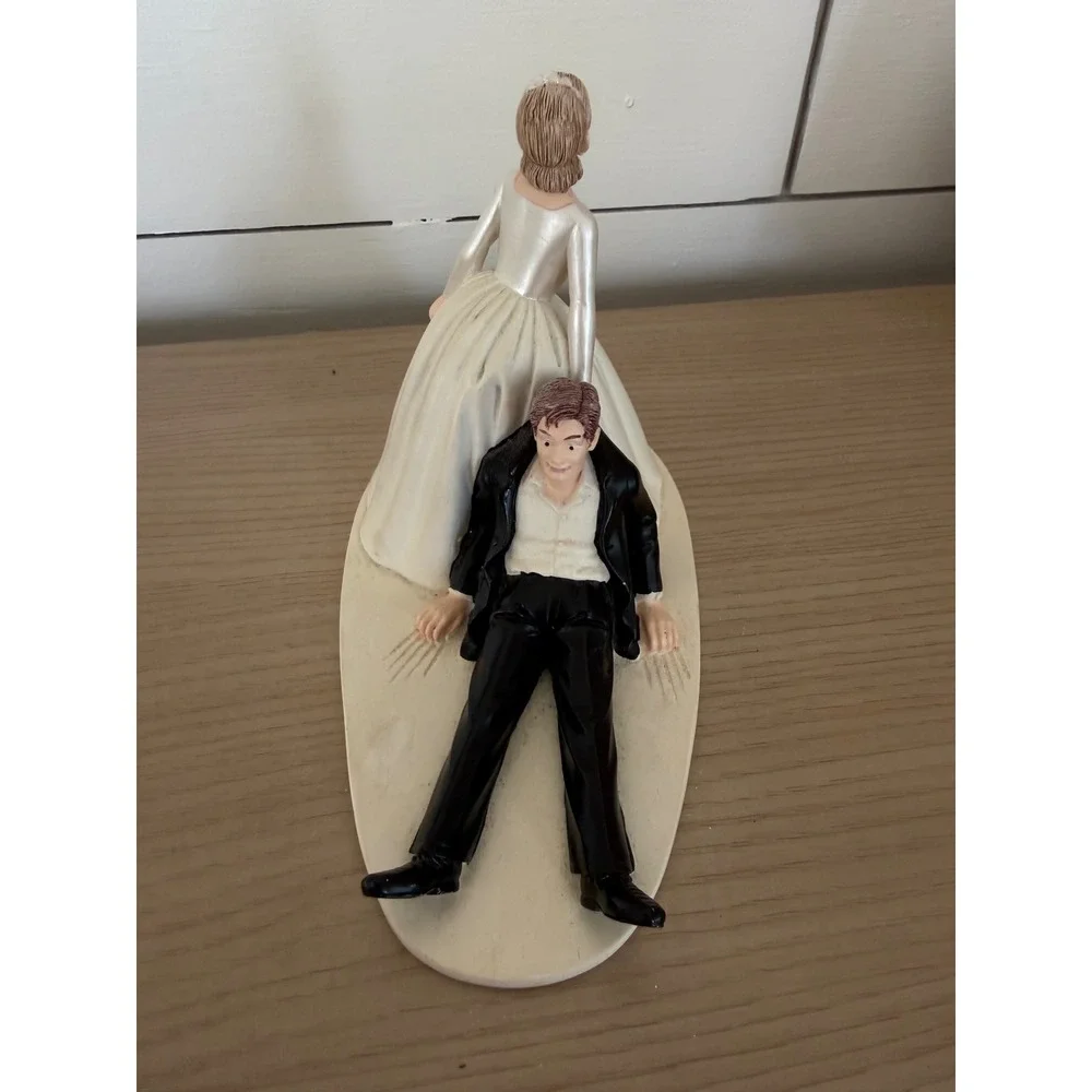 Funny Wedding Cake Topper Bride Dragging Groom Reluctant Novelty Figurine Resin